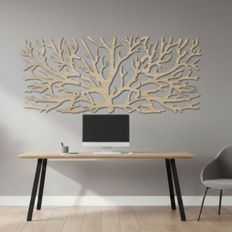 Modern three-part wooden painting with a tree and Flower of Life motif