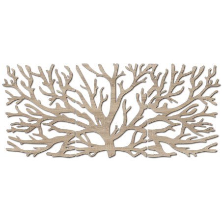 Modern three-part wooden painting with a tree and Flower of Life motif