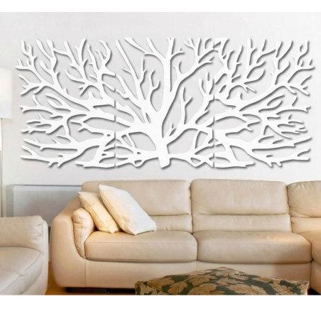 Modern three-part wooden painting with a tree and Flower of Life motif