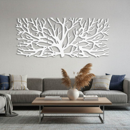 Modern three-part wooden painting with a tree and Flower of Life motif