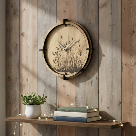 Decorative wooden clock with plant motif