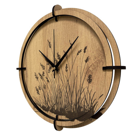 Wall clock made of natural wood with plant pattern