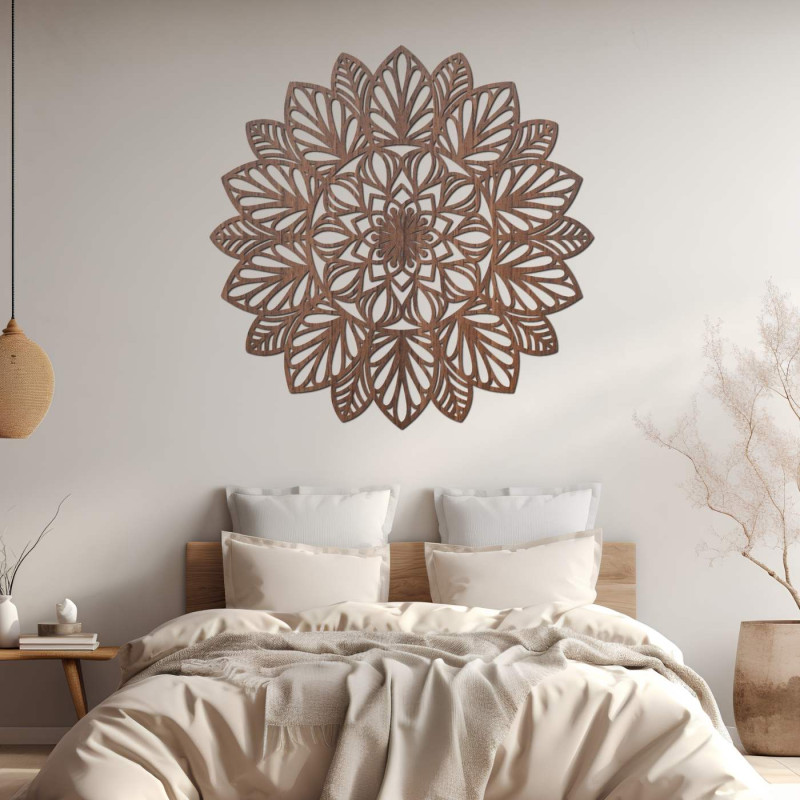 A finely carved mandala on the wall as a dominant element of a modern interior.