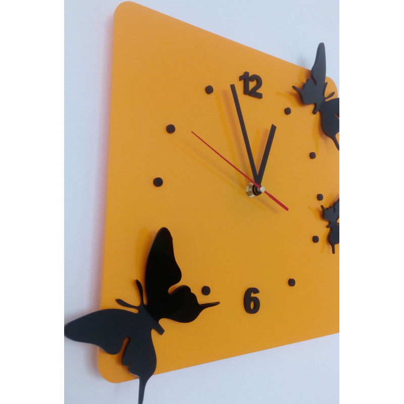Modern yellow wall clock with butterflies | Designer clock for the living room