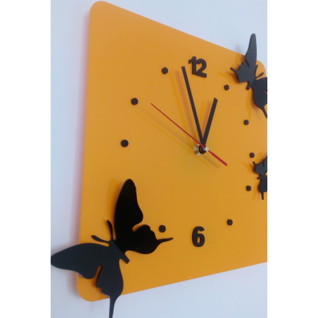 Modern yellow wall clock with butterflies | Designer clock for the living room