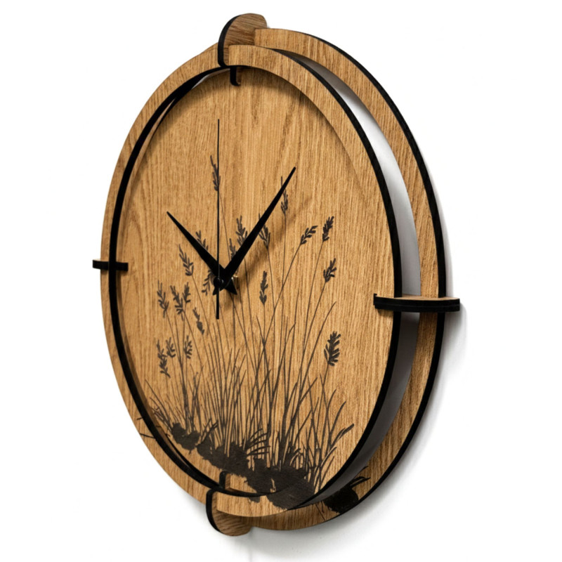 Wooden wall clock meadow grass Oak