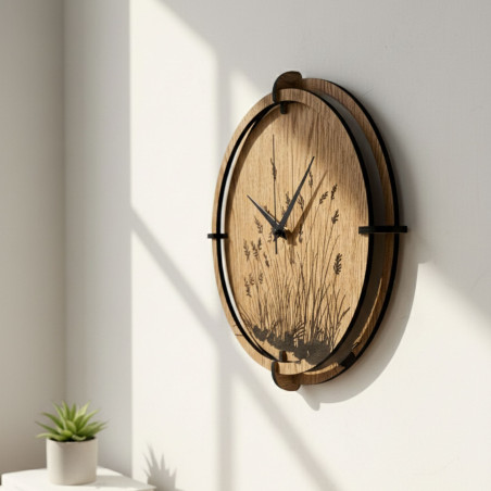 Wooden wall clock meadow grass Oak