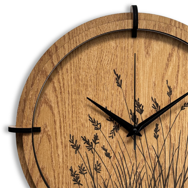 Wooden wall clock meadow grass Oak