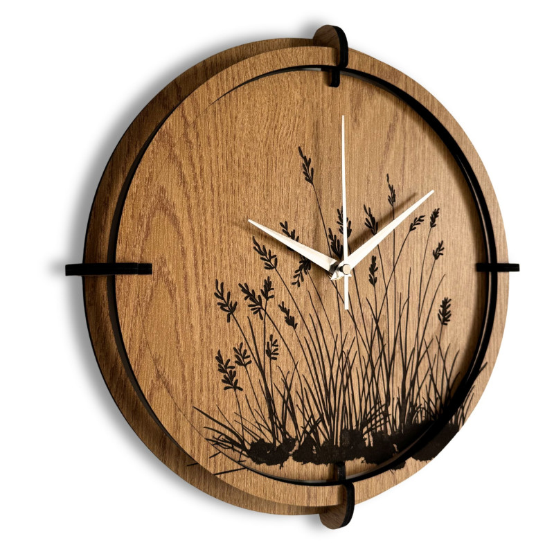 Wooden wall clock meadow grass Oak