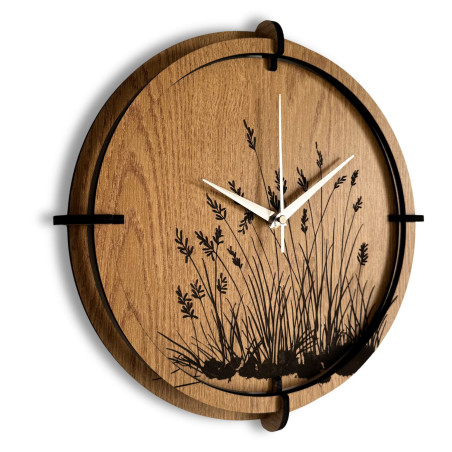 Wooden wall clock meadow grass Oak