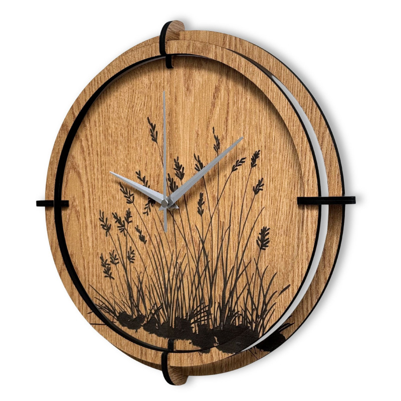 Wooden wall clock meadow grass Oak