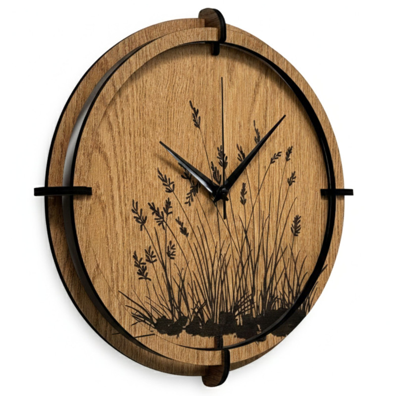 Wooden wall clock meadow grass Oak