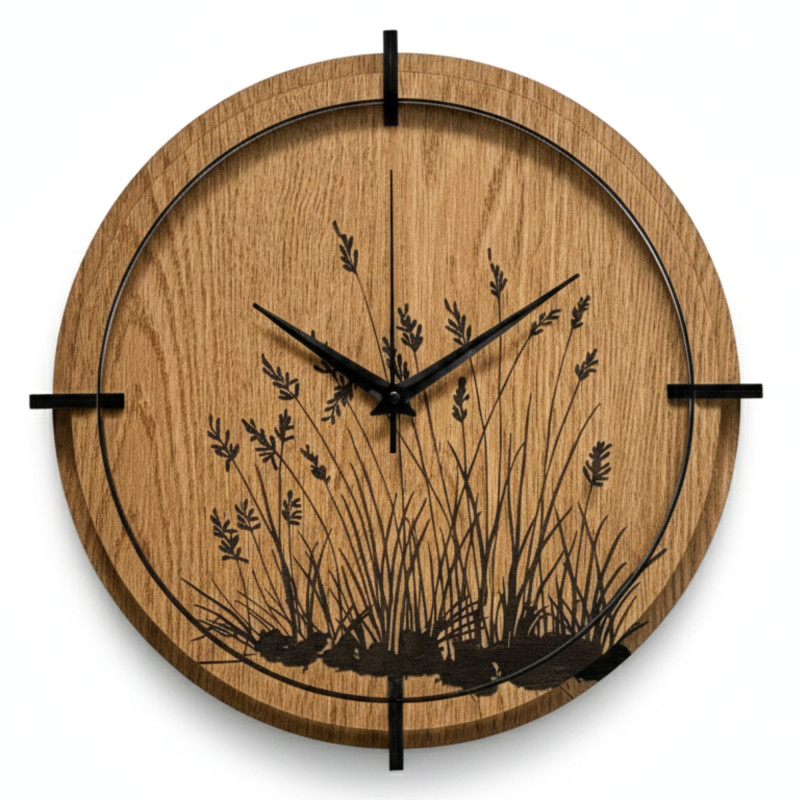 Wooden wall clock meadow grass Oak