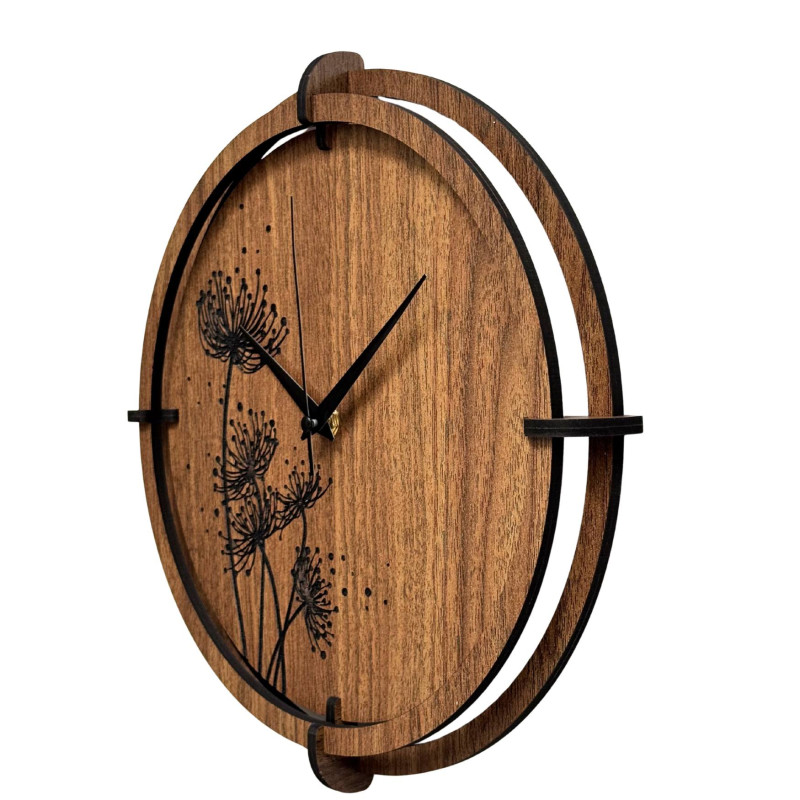 Modern wall clock made of dark wood for the interior.