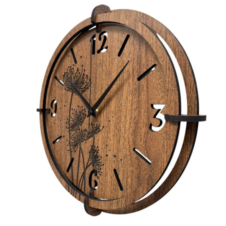 Wenge wooden clock with engraved dandelion and meadow grass motif