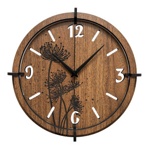 Wenge wooden clock with engraved dandelion and meadow grass motif
