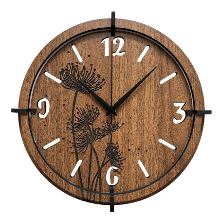 Wenge wooden clock with engraved dandelion and meadow grass motif