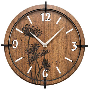 Wenge wooden clock with engraved dandelion and meadow grass motif 2
