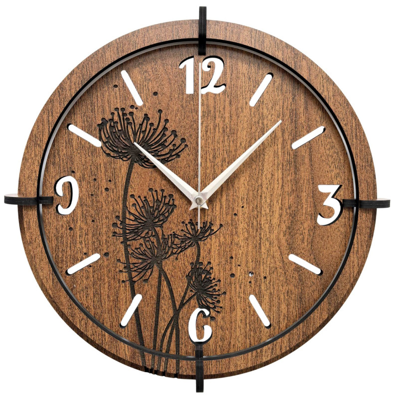 Wenge wooden clock with engraved dandelion and meadow grass motif