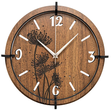 Wenge wooden clock with engraved dandelion and meadow grass motif