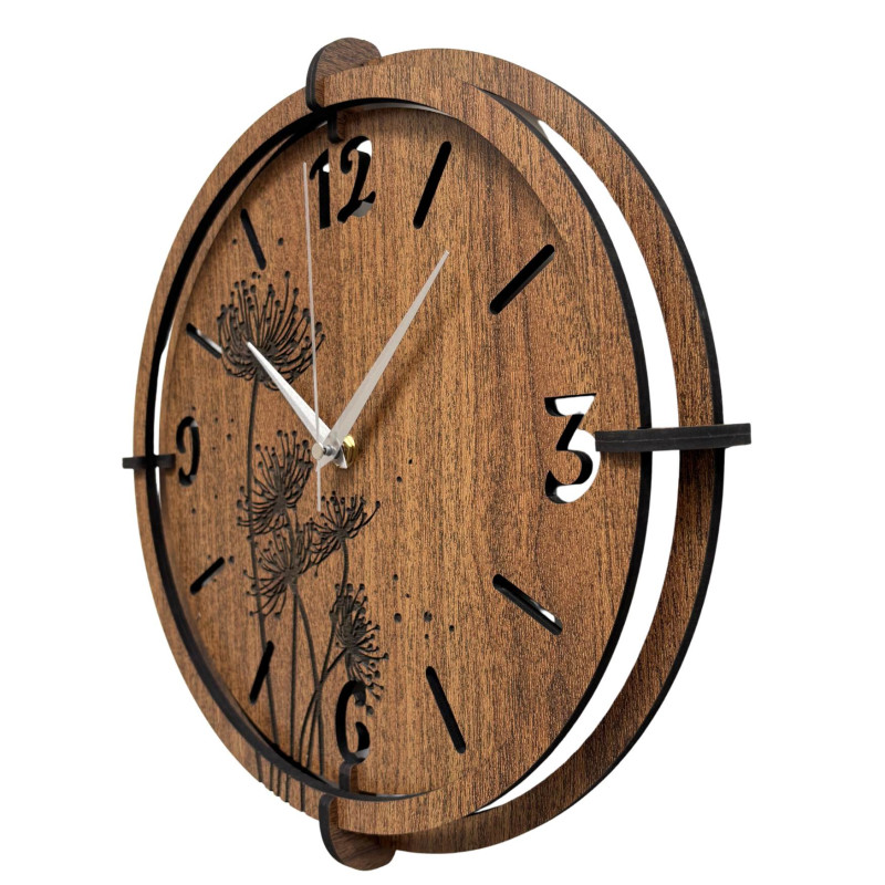 Wenge wooden clock with engraved dandelion and meadow grass motif