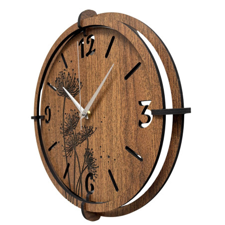 Wenge wooden clock with engraved dandelion and meadow grass motif