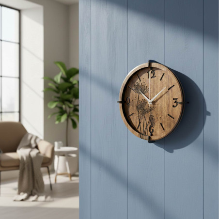 Detail of engraved dandelions on a wooden clock in walnut decor.