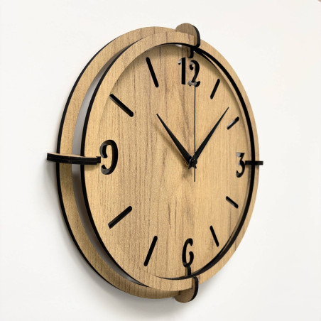 Modern wooden wall clock in oak decor with black numerals.