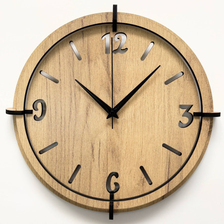 Modern wooden wall clock in oak decor with black numerals.