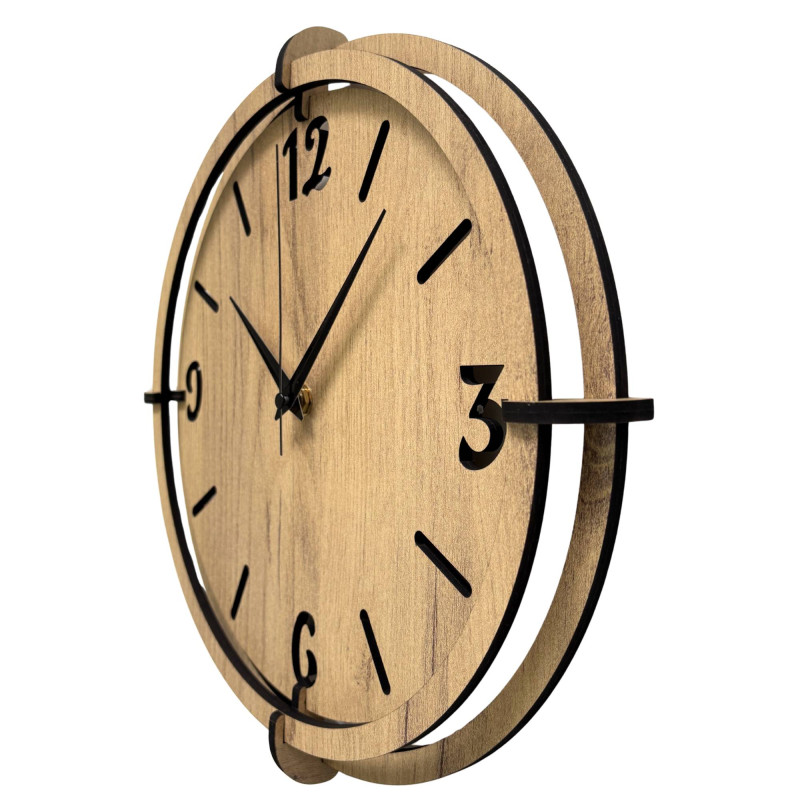Designer wooden clock with distinctive 3D elements and a minimalist dial.
