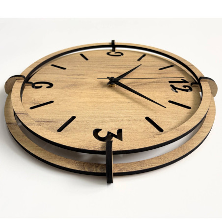 Designer wooden clock with distinctive 3D elements and a minimalist dial.