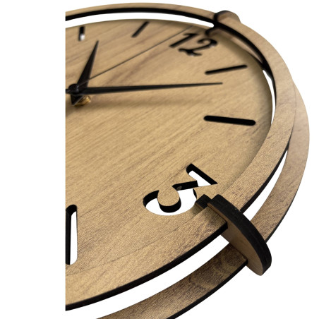 Designer wooden clock with distinctive 3D elements and a minimalist dial.