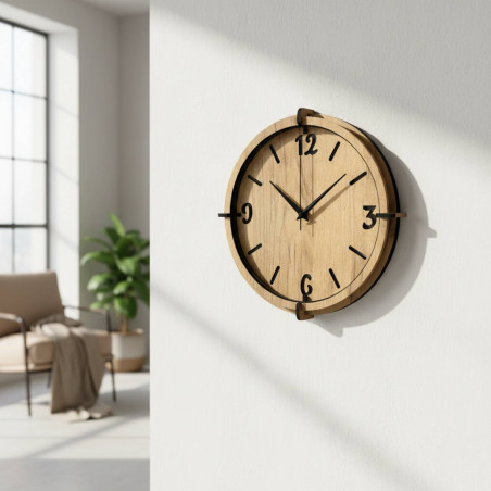 Elegant wall clock in natural oak style with black hands.