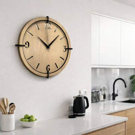 Stylish wooden living room clock with a modern contrasting design.