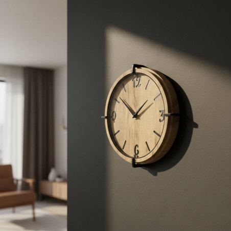 Stylish wooden living room clock with a modern contrasting design.
