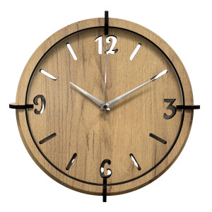 Modern wooden wall clock in oak decor with black numerals. 2
