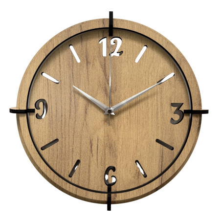 Modern wooden wall clock in oak decor with black numerals.