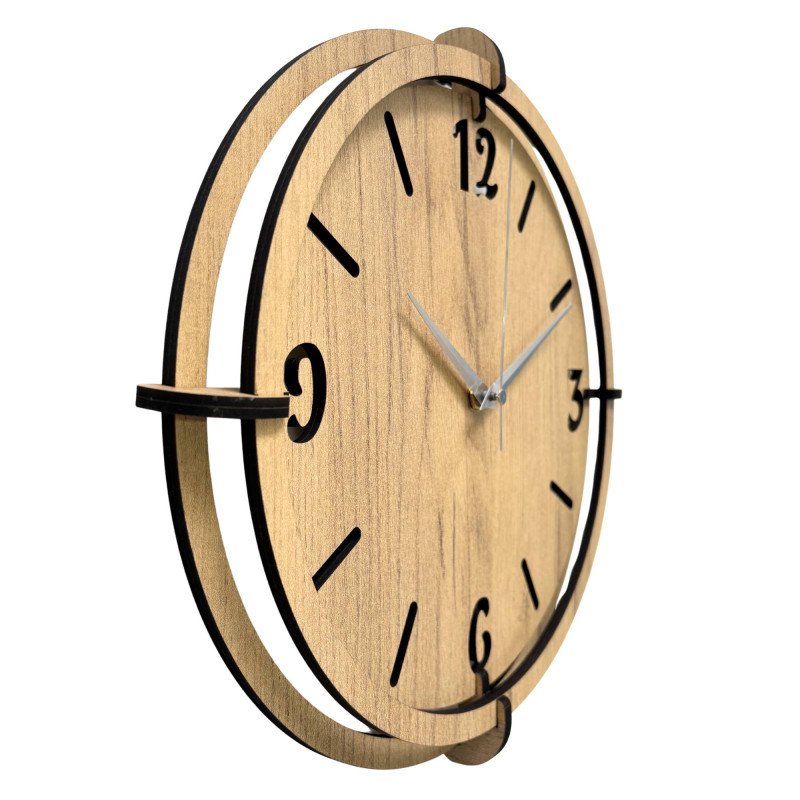 Modern wooden wall clock in oak decor with black numerals.