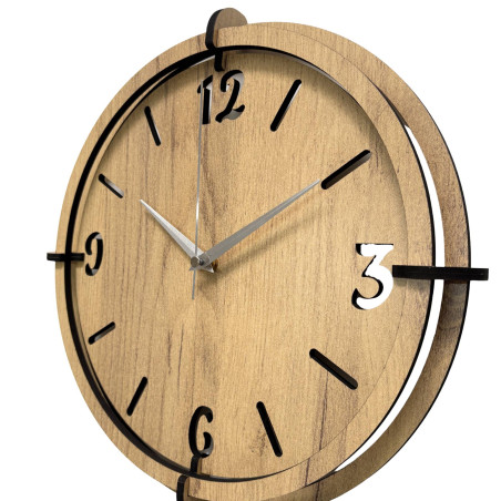 Designer wooden clock with distinctive 3D elements and a minimalist dial.