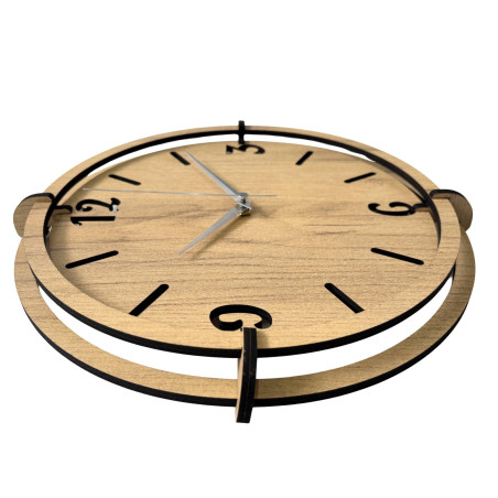 Designer wooden clock with distinctive 3D elements and a minimalist dial.