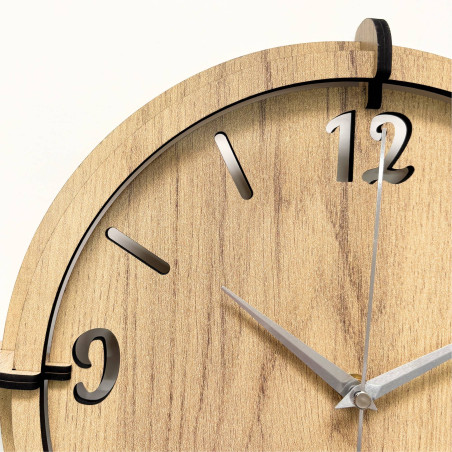 Elegant wall clock in natural oak style with black hands.