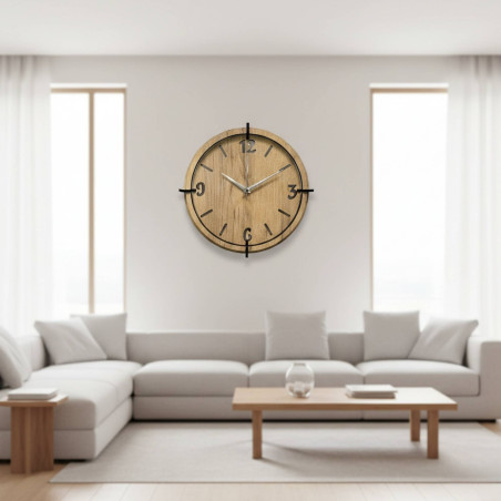 Elegant wall clock in natural oak style with black hands.