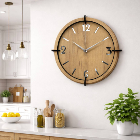 Stylish wooden living room clock with a modern contrasting design.