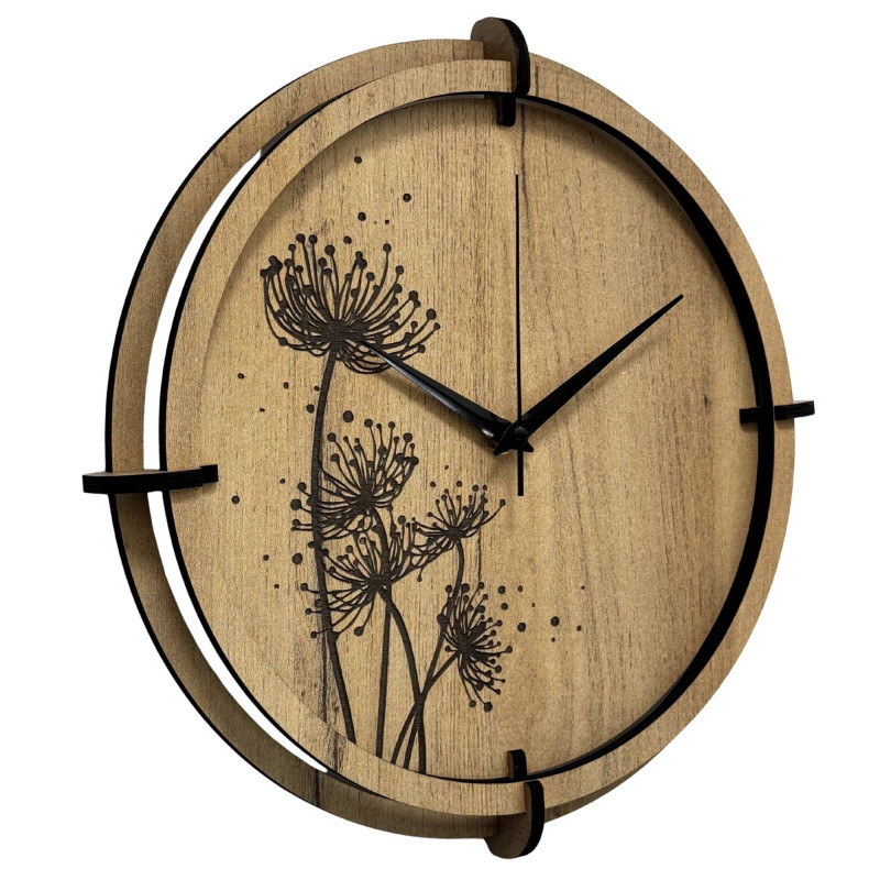 Modern wooden clock with golden oak and black meadow motif.