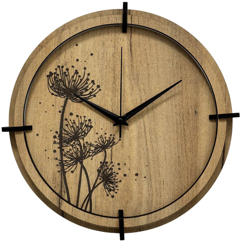 Modern wooden clock with golden oak and black meadow motif.