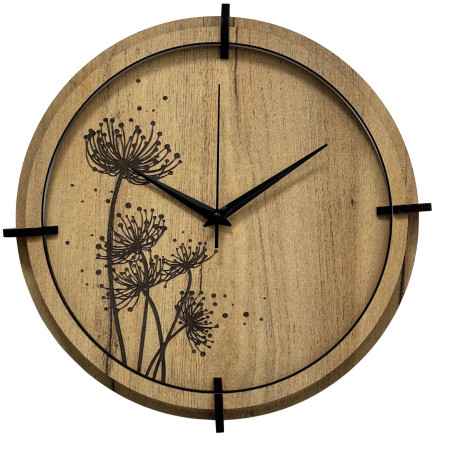 Modern wooden clock with golden oak and black meadow motif.