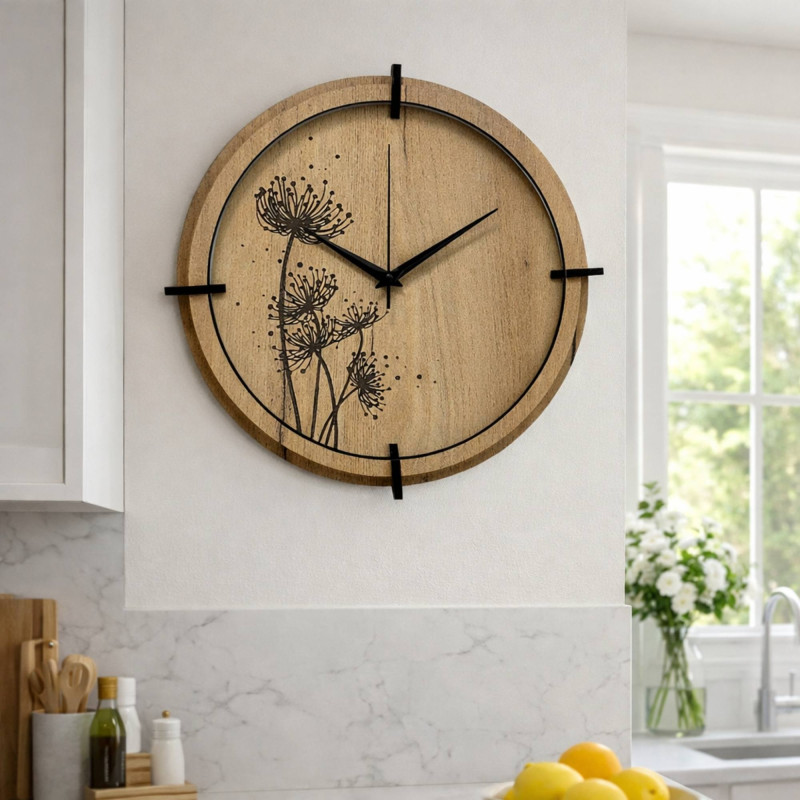 Designer clock made of HDF board with quiet operation and a meadow motif.