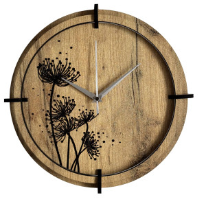Modern wooden clock with golden oak and black meadow motif. 2