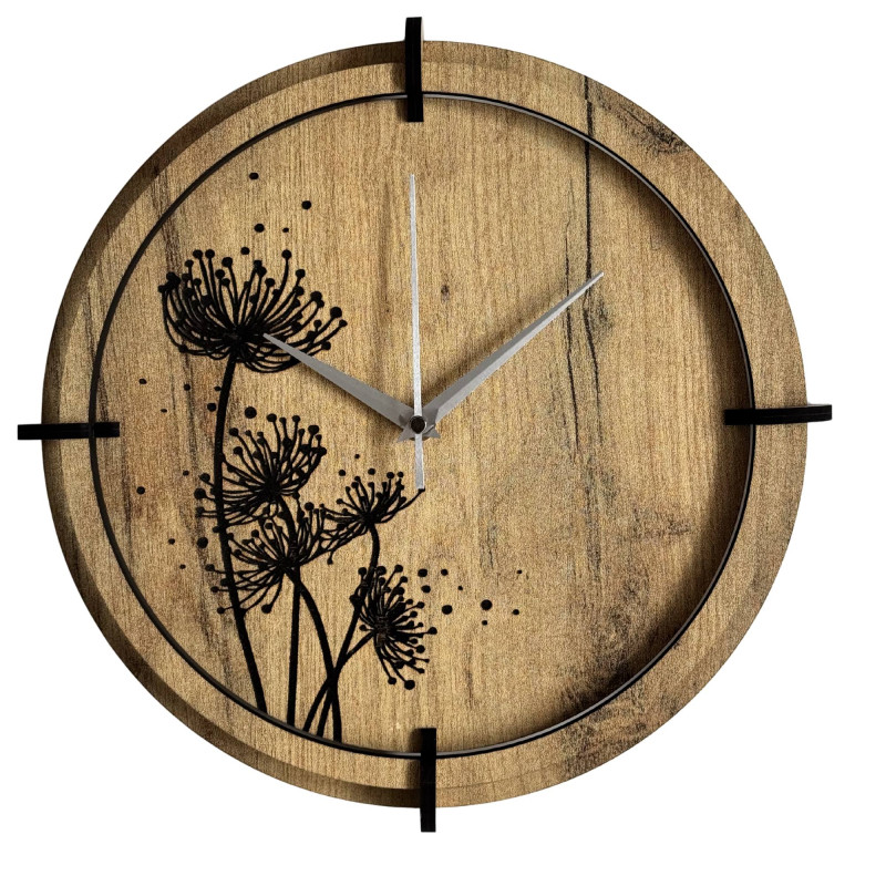 Modern wooden clock with golden oak and black meadow motif.