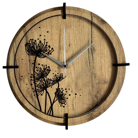 Modern wooden clock with golden oak and black meadow motif.